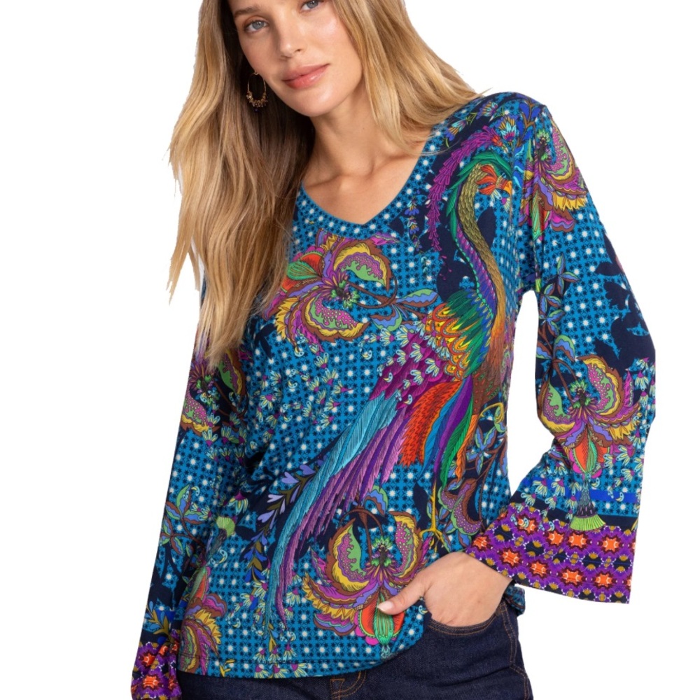 Johnny Was Janie Favorite Thalassa Kimono Peacock Floral Tee 🦚
